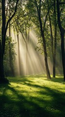 Fototapeta premium A tranquil forest scene with tall trees and sunlight filtering through the leaves, creating dappled light on lush green grass. The atmosphere is serene as mist rises from dew-covered foliage