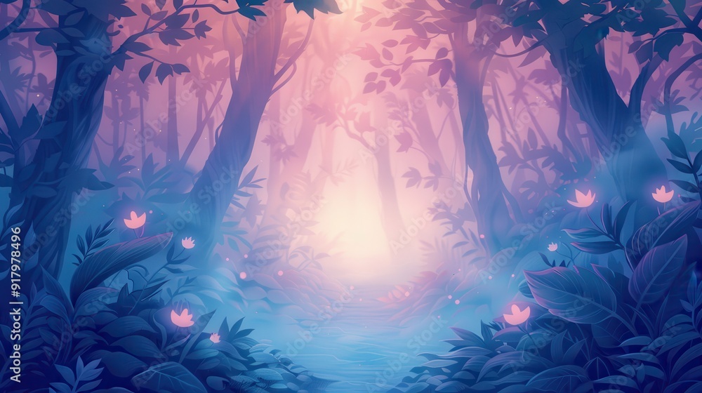 Poster enchanting mystical forest with glowing flowers and hazy light, creating a magical and serene atmosp