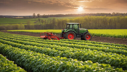 Fototapeta premium A tractor cultivates vibrant green crops under a stunning sunset, surrounded by scenic hills and farmland