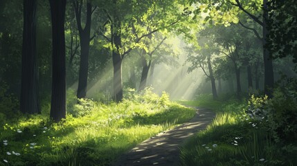 Obraz premium A tranquil forest scene with tall trees and sunlight filtering through the leaves, creating dappled light on lush green grass. The atmosphere is serene as mist rises from dew-covered foliage