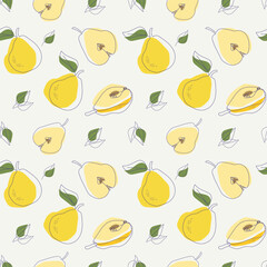 Juicy pears fruits. Seamless pattern background. Pattern for modern design of fabric, wallpaper, stationery, textile. Hand drawn line vector illustration.