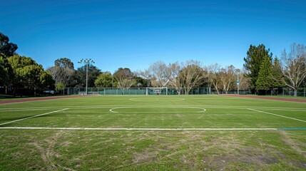 Obraz premium A sports field with a soccer goal and basketball court under a clear blue sky.