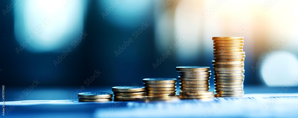Poster a close-up view of stacked coins demonstrating growth and financial progress in an investment concep