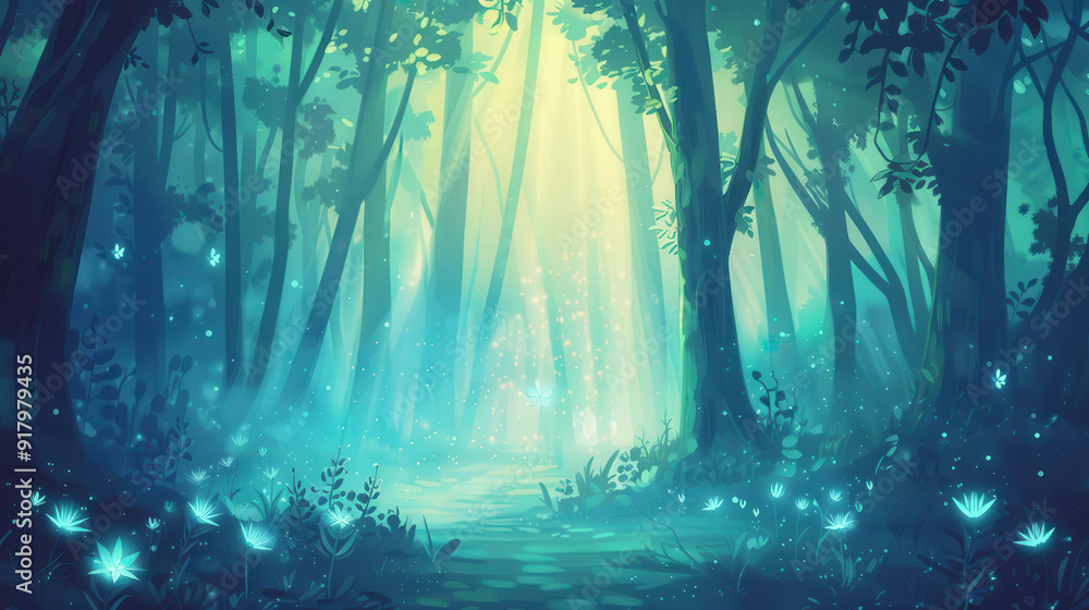 Poster enchanting forest with glowing blue lights illuminating a mystical pathway. ethereal atmosphere and 