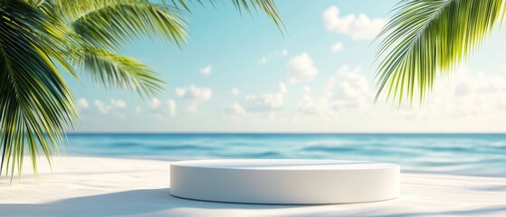 photo of round podium on the beach with sea and palm tree background, summer vibes, bright sunny light, close up shot, minimalistic, mockup 
