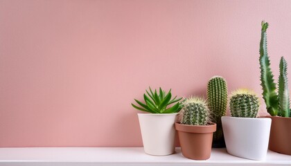 屋内の棚の上の多肉植物とサボテンとコピースペース（Succulents and cacti on shelves indoors with copy space）
