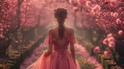 Woman in pink dress in cherry blossom garden - generative ai