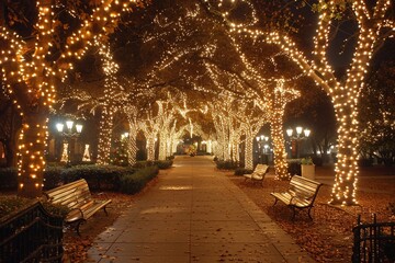 Festive Christmas holiday events unfolding in the park, filled with twinkling lights, joyful gatherings, and seasonal cheer, creating a magical winter wonderland.