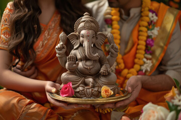 young indian woman holding god ganesha statue