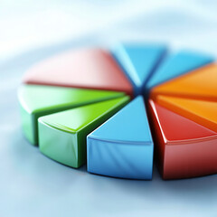 Obraz premium Vibrant pie chart segments in blue, green, orange, and red on a soft background, representing data visualization and analytics.