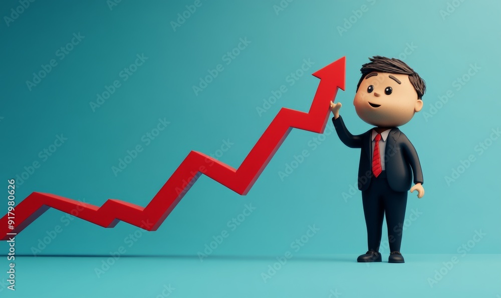 Poster businessman in suit catching declining red chart with arrow against blue background generative ai