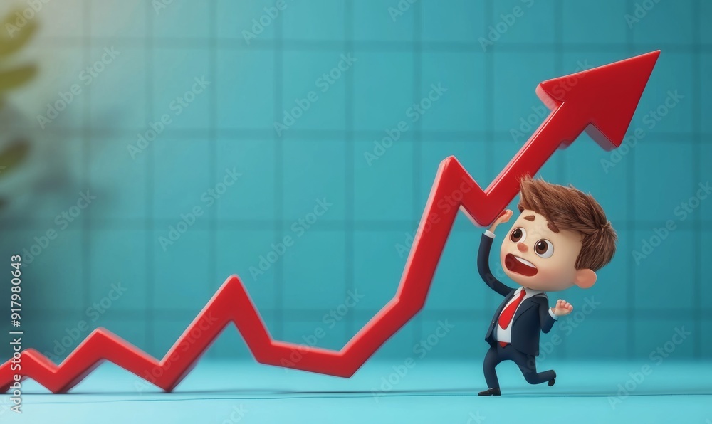 Poster businessman in suit catching declining red chart with arrow against blue background generative ai