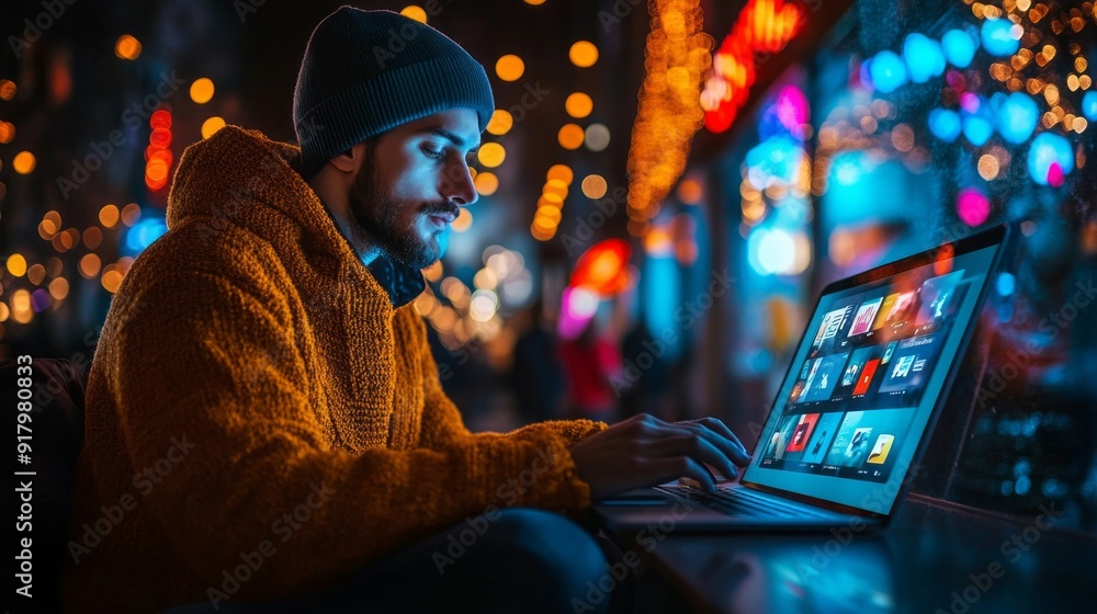 Poster a man in a yellow jacket is sitting at a table with a laptop open