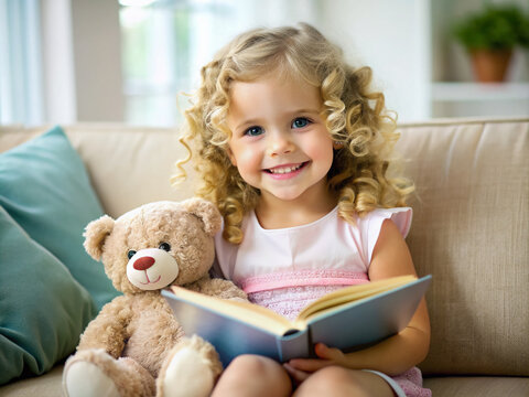 Adorable little girl with big brown eyes, curly blonde hair, and a bright smile, sitting on a couch with a stuffed animal and a book.