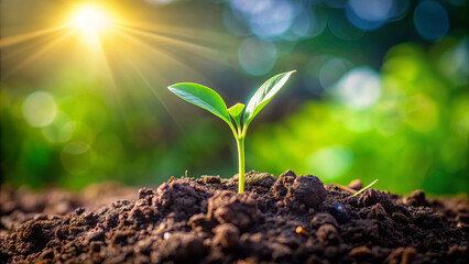 Fototapeta premium A small green seedling pushes through dark soil, illuminated by warm sunlight in a vibrant garden during early morning