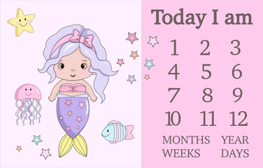 Baby milestone blanket with mermaid, star, fish. Sea.Baby first 12 months, weeks . Baby milestones card. Baby shower decoration. Vector illustration. Cute mermaid with stars, animal. Stickers. Gift