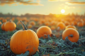 A sprawling field dotted with vibrant orange pumpkins, set against a backdrop of golden autumn foliage. The pumpkins, in various sizes and shapes, create a picturesque harvest scene, embodying the ess