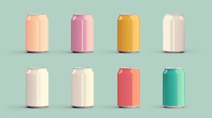 Set of colorful soda cans in various pastel colors arranged neatly against a teal background, showcasing modern minimalist design.