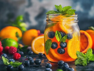 Mason Jar Filled with Blueberries and Orange Slices