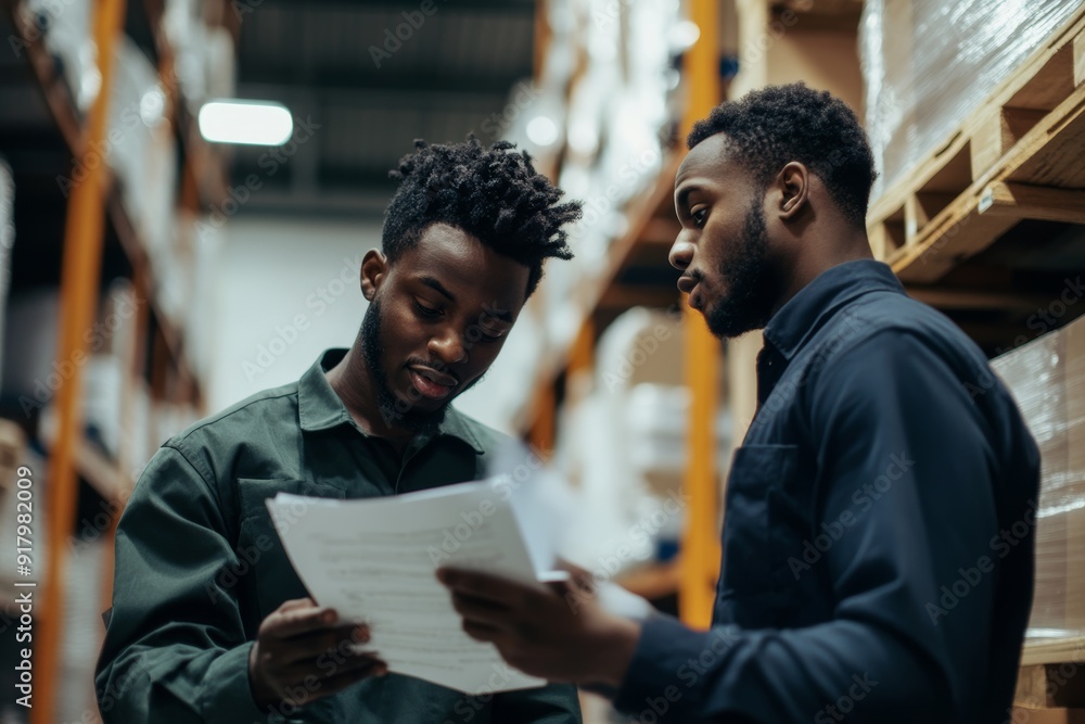Poster two warehouse workers discussing paperwork generative ai