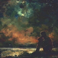 A lone figure contemplates the vastness of the starry night sky