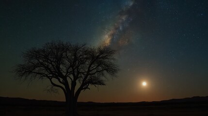 Silhouetted Tree Under a Starry Night Sky with the Milky Way and a Full Moon