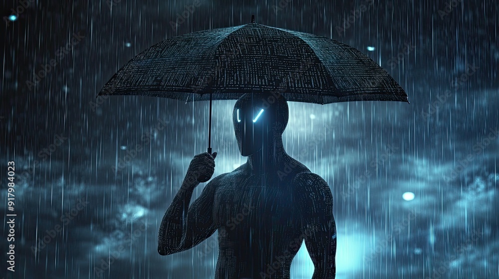 Poster advanced android holding a digital umbrella in the virtual rain at night