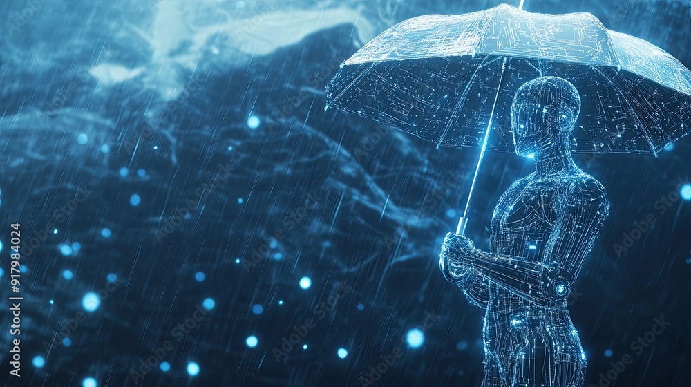 Aufkleber advanced android with a digital umbrella in a virtual rainstorm, embodying futuristic harmony