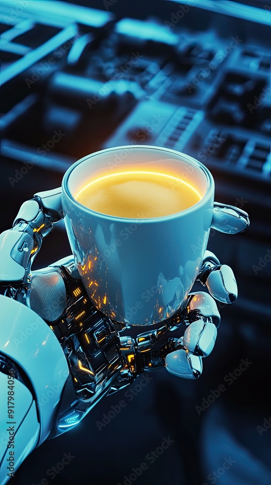 Poster Advanced Android Holds a Virtual Cup of Coffee in a Futuristic Workspace