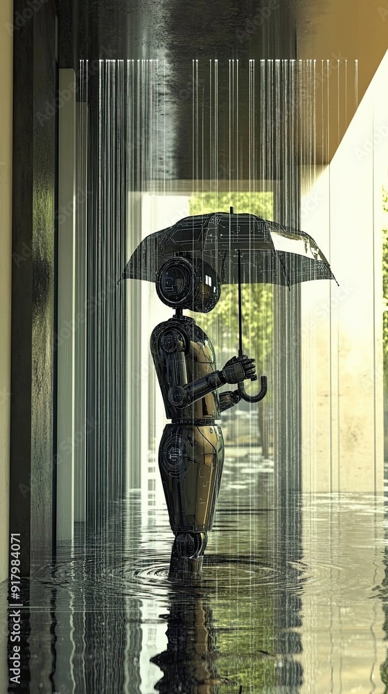 Poster futuristic android holding a digital umbrella under virtual rain in a serene environment