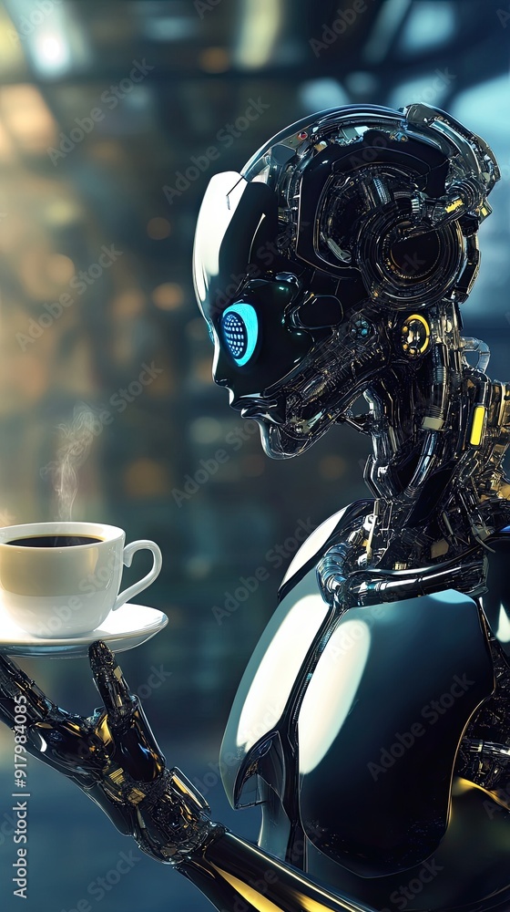Poster futuristic android enjoying a cup of digital coffee in a high-tech environment