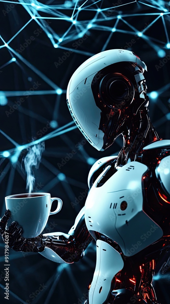 Aufkleber Advanced Android Enjoying a Virtual Cup of Digital Coffee in a Futuristic Tech Environment