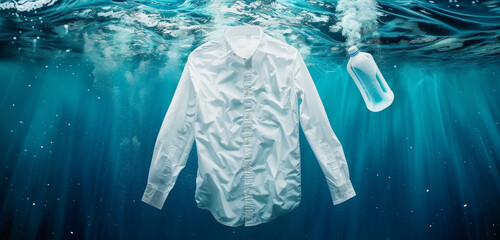 A white shirt is being washed in a body of water by AI generated image