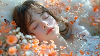 Serene portrait of a sleeping girl among flowers - generative ai