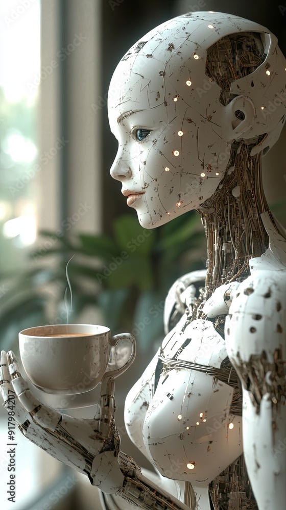 Poster Advanced Android Holding a Steaming Virtual Cup of Digital Coffee in a Modern Workspace