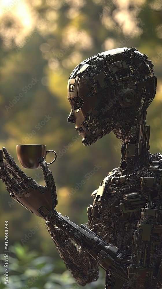 Poster Advanced Android Enjoying a Virtual Cup of Coffee in a Serene, Futuristic Setting at Dawn
