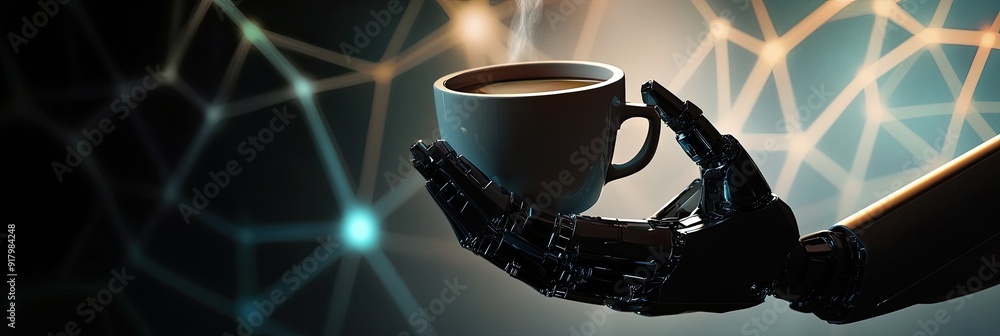 Poster Advanced Android Enjoys Virtual Coffee in a Futuristic Digital Landscape