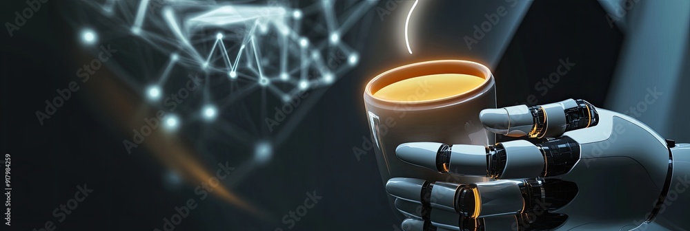 Poster Advanced Android Holding a Virtual Cup of Digital Coffee in a Futuristic Workspace Setting