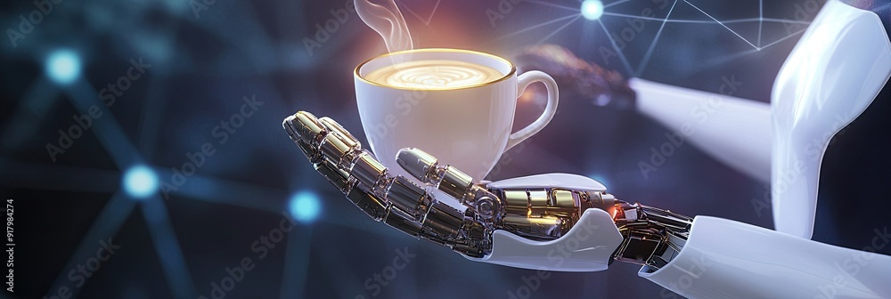 Poster Advanced Android Enjoying a Virtual Cup of Digital Coffee in a Futuristic Setting