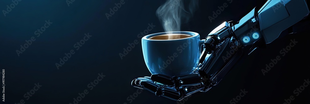 Poster Advanced Android Enjoys Virtual Coffee, Showcasing Futuristic Technology in a Serene Environment