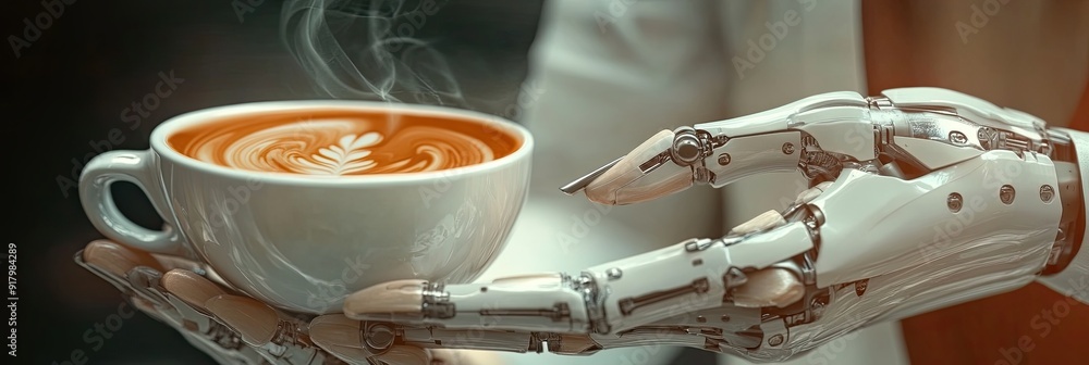 Poster advanced android serves virtual coffee in a futuristic setting with innovative technology
