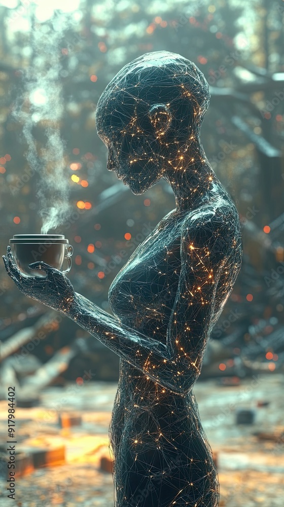 Poster advanced android enjoying digital coffee in a futuristic landscape at dawn