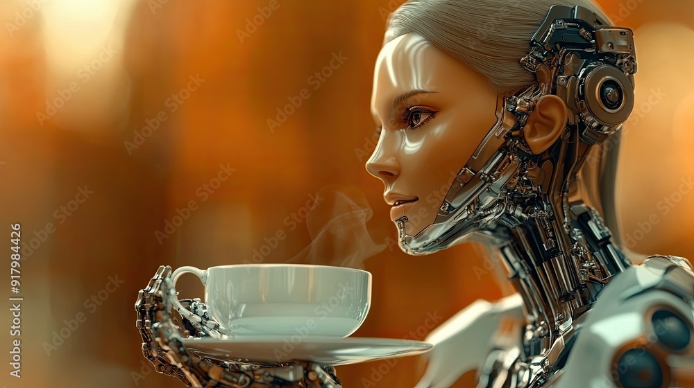 Poster Advanced Android Holding a Virtual Cup of Coffee in a Dynamic, Futuristic Environment