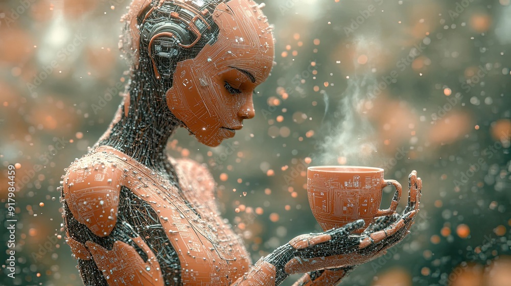 Poster Advanced Android Enjoying Virtual Coffee in a Futuristic Technology Setting