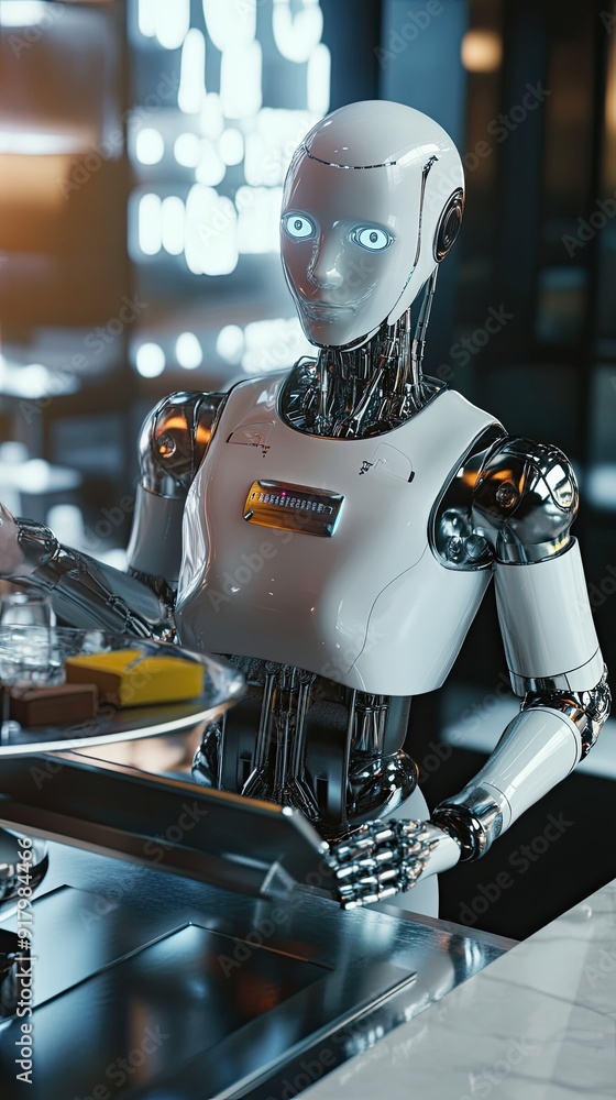 Poster advanced android waiter serving guests in a futuristic restaurant at night