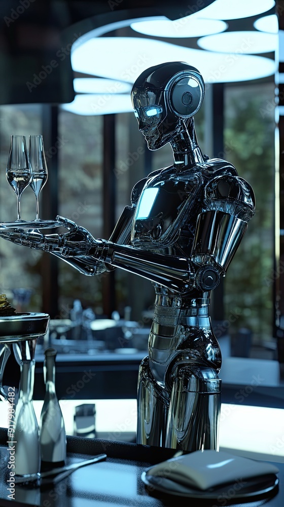 Poster advanced android waiter serving drinks in a modern restaurant at evening
