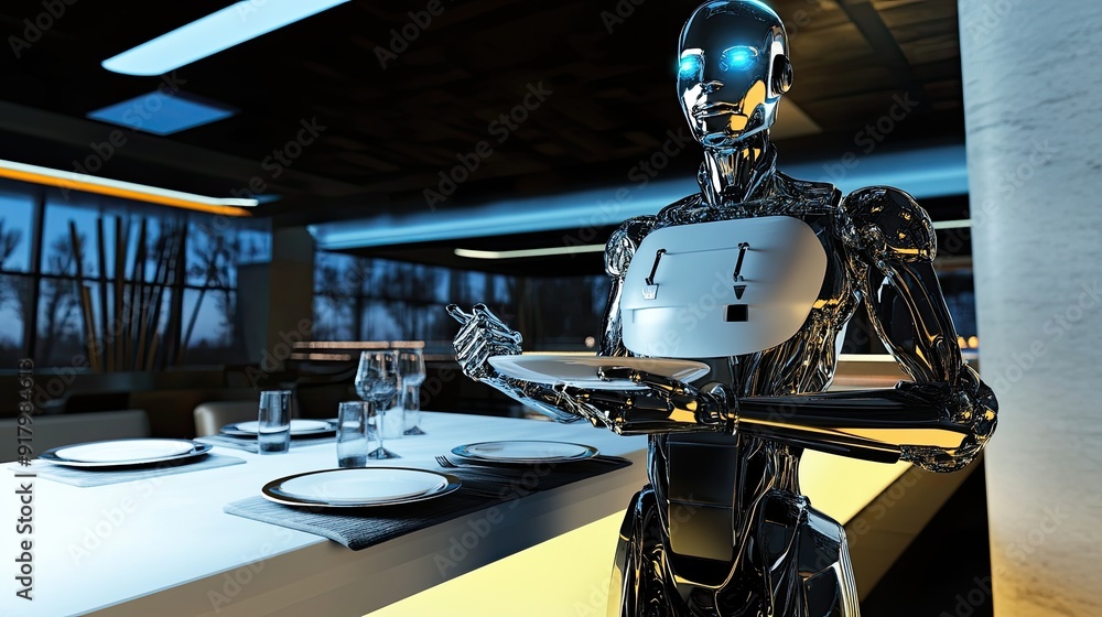Poster advanced android waiter serving guests in a modern restaurant at dusk