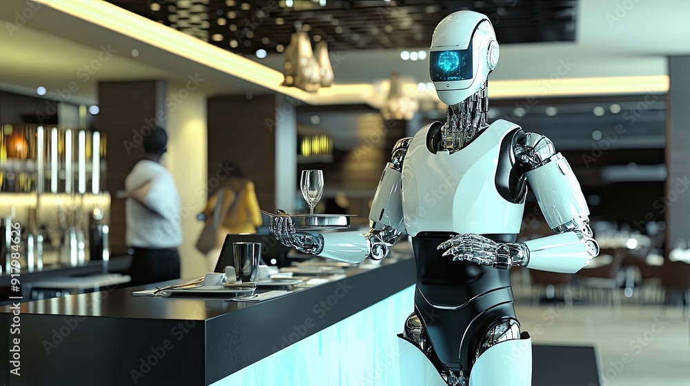 Poster futuristic android waiter serving drinks in a modern restaurant setting