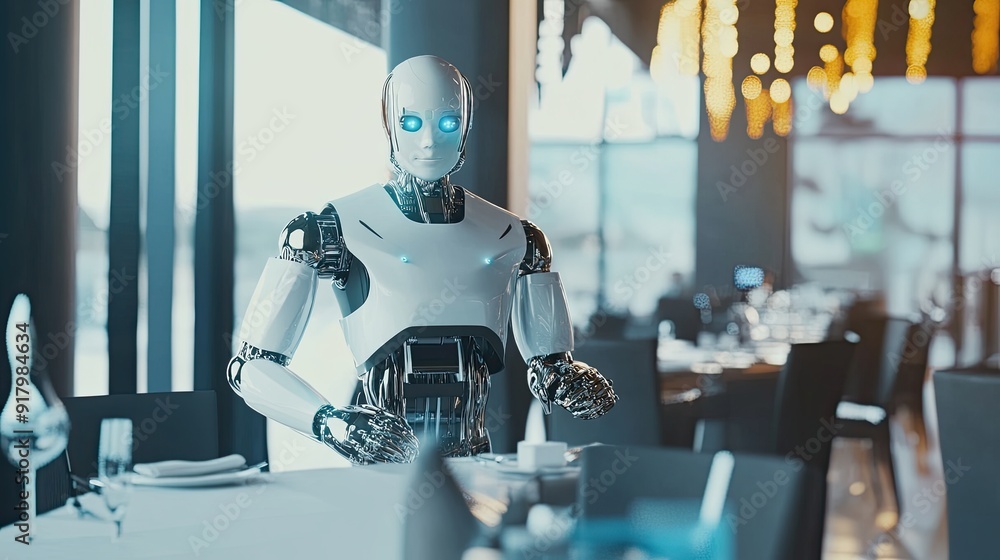 Poster Advanced Android Waiter Serving Dining Guests in a High-Tech Restaurant Environment