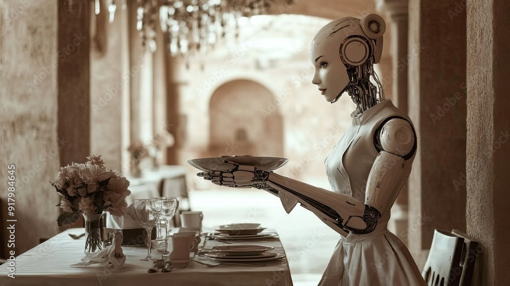 Poster Advanced Android Waiter Serving a Meal in a Futuristic Dining Environment